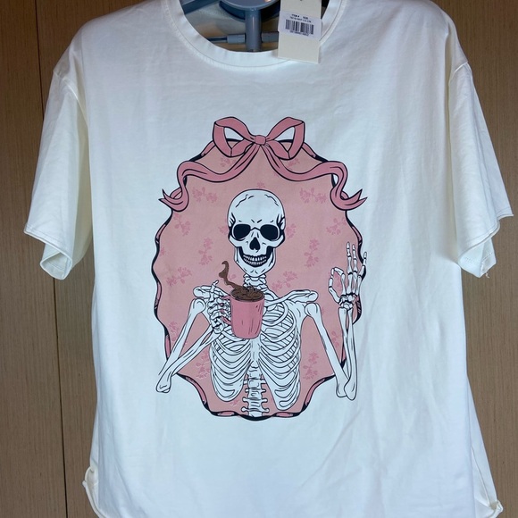 Tops - New Skeleton Coffee Graphic Tee White Pink Bow Gothic Cute Oversized S/M
